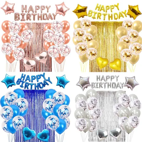 Happy Birthday Aluminum Foil Balloons Star Heart Foil Balloons Rain Curtain And Latex Confetti Balloons Party Decoration
