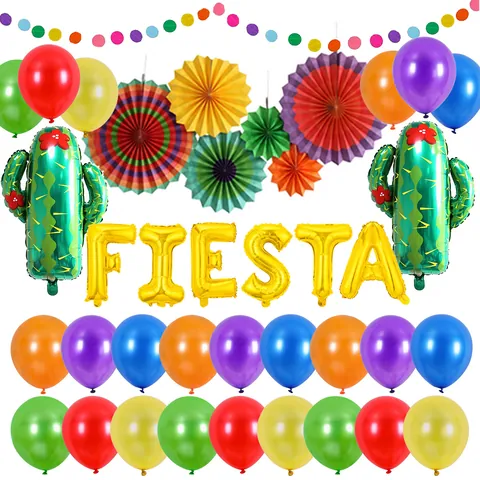 Fiesta Party Decorations Set Gold Foil FIESTA Letter Balloons Cactus Balloons Multicolor Latex Balloons Paper Fans Banner For Birthday Carnival Decor