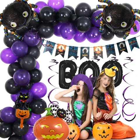 Décoration Fête Halloween Kit Arche Ballons Violet Noir Latex Aluminium Araignée Citrouille Fantôme Bannière Fournitures
