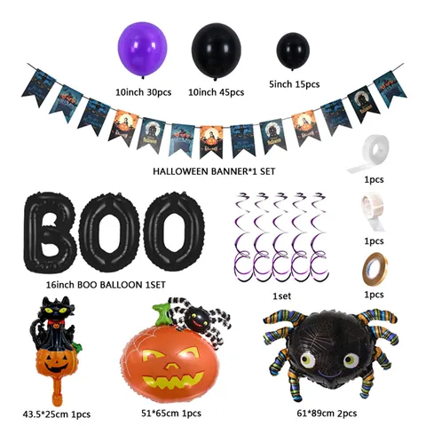 Décoration Fête Halloween Kit Arche Ballons Violet Noir Latex Aluminium Araignée Citrouille Fantôme Bannière Fournitures