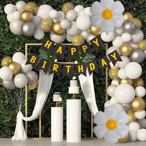 Daisy Balloon Arch Kit With Happy Birthday Banner Latex Gold Silver White Confetti Balloons For Birthday Wedding Party Decoration