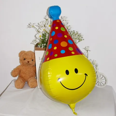 Palloncino in Alluminio 4D Con Faccina Sorridente e Cappello da Festa a Pois Palloncino Gonfiabile per Decorazione Compleanno
