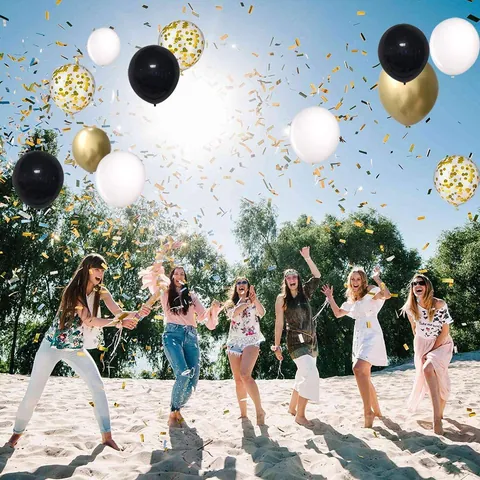 Black Gold White Latex Balloons For Birthday Graduation Party Decoration Metallic Sequin Confetti Balloons With Decorative Ribbon