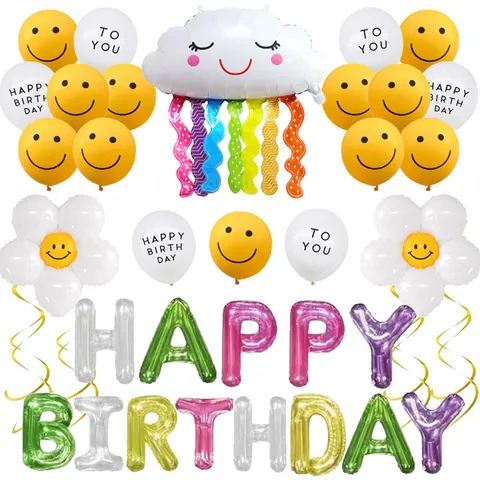 Colección de Globos de Feliz Cumpleaños con Cara Sonriente para Niños Fiesta Arcoíris Borla Nube Margarita Papel de Aluminio Látex Globos