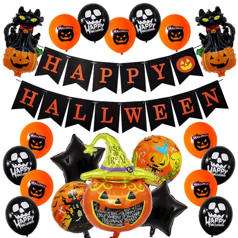 Halloween Party Dekoration Aluminiumfolie Latex Ballons Happy Halloween Banner Kürbis Totenkopf Stern Folienballons Dekorationen