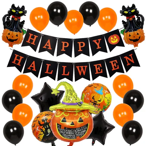 Halloween Party Dekoration Aluminiumfolie Latex Ballons Happy Halloween Banner Kürbis Totenkopf Stern Folienballons Dekorationen