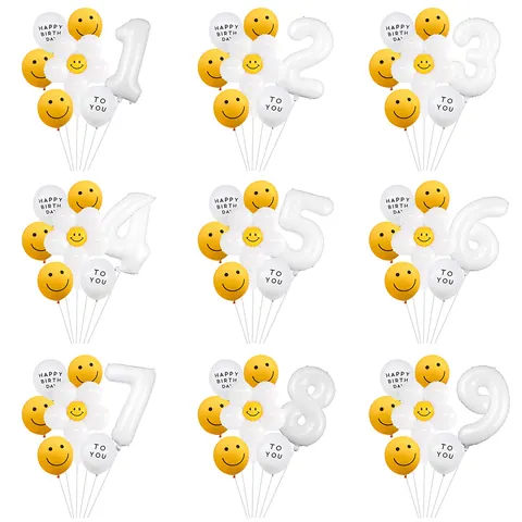 Daisy Smiley Face Number Balloon Decoration Birthday Party White Yellow Aluminum Film Latex Balloons For Wedding Kids Celebration