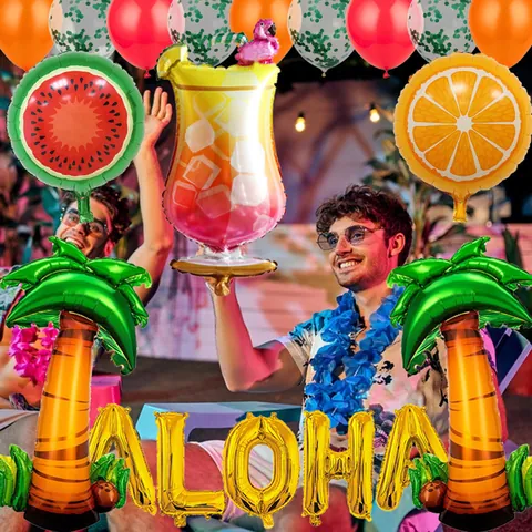 Tropical Hawaiian Theme Party Balloon Decoration Aluminum Foil Latex Coconut Tree Fruit Flamingo Aloha Party Supplies