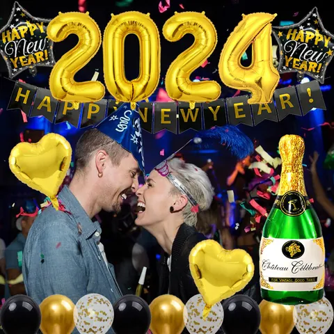 2024 Happy New Year Party Dekoration Aluminiumfolie Latex Stern Herz Champagnerflasche Ballons Banner Für Feste