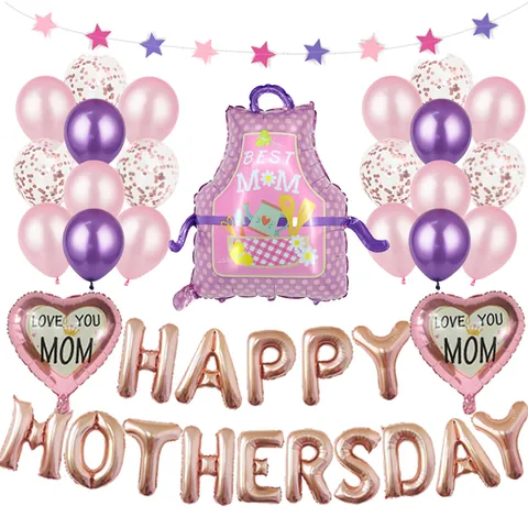 Happy Mothers Day Balloon Decoration Best Mom Apron Foil Heart Stars Pink Purple Latex Balloons Party Decor