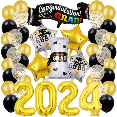 Ballon Graduation 2024 pour Fête Scolaire Or Noir Latex Film Aluminium Étoile Chapeau Diplômé Ballons en Aluminium