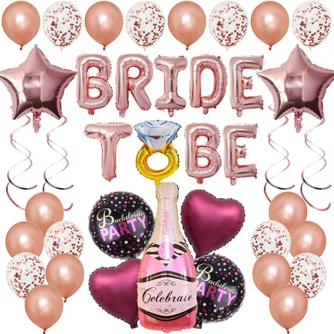 Bride To Be Balloon Set For Bachelorette Party Decoration Rose Gold Gold Foil Letter Heart Star Champagne Ring Balloons Bridal Shower Party Supplies