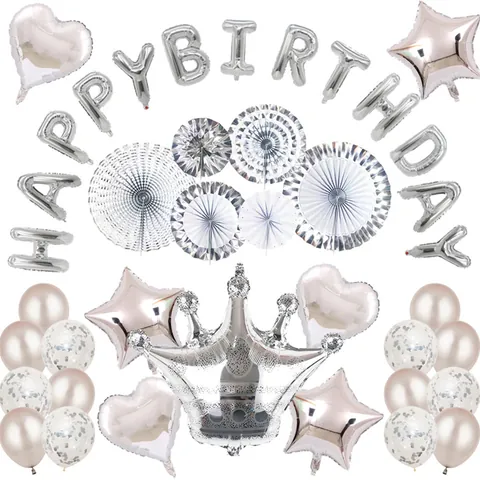 Set di Palloncini di Compleanno con Corona d'Oro Lettere Happy Birthday Stelle Cuori Ventagli di Carta Decorazione per Feste