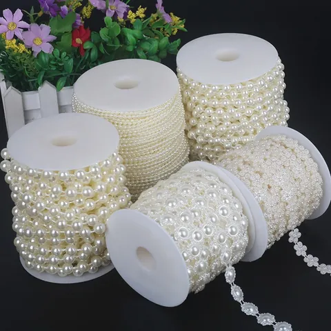 ABS Artificial Pearl Chain Round Rose Sun Flower Beads For DIY Jewelry Making Wedding Dress Decoration Beige White Color Elegant Floral Design