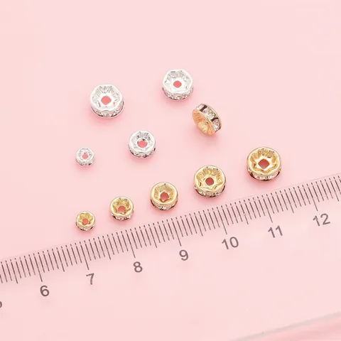 Copper Rondelle Spacer Beads With Rhinestone Inlaid Gold Silver Plated Round Loose Beads For DIY Jewelry Making Bracelet Necklace Accessories