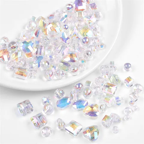 AB Aurora Transparent Iridescent Glass Crystal Beads Heart Butterfly Square Round Faceted Loose Beads For DIY Jewelry Making Accessories