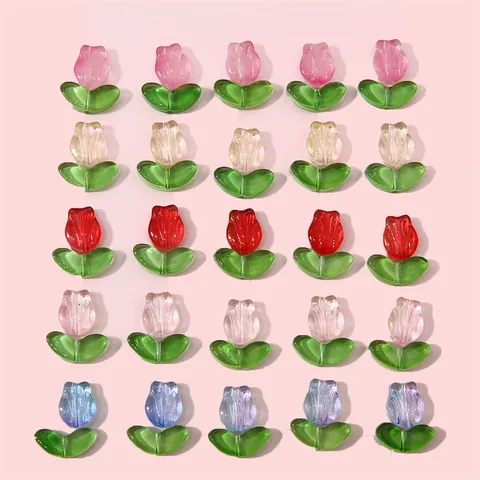 DIY Jewelry Making Material Gradient Glass Lampwork Tulip Flower Petal And Green Leaf Spacer Beads For Bracelet Handcraft