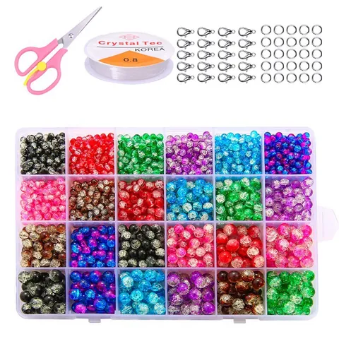 Multicolor Crackle Glass Beads DIY Jewelry Making Kit With Elastic Thread Scissors Lobster Clasps Jump Rings Beading Set