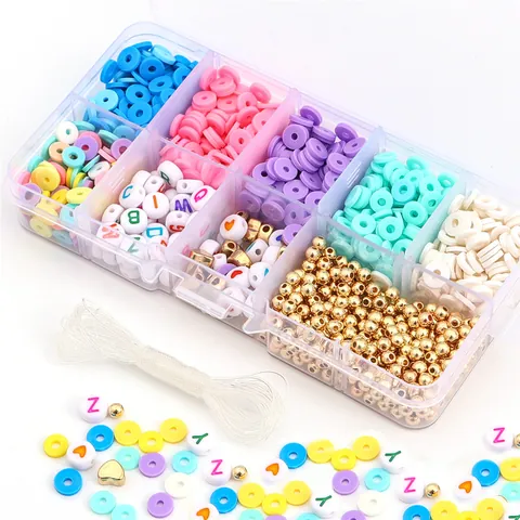 DIY Schmuckherstellungsset Polymer-Ton Heishi-Perlen Acryl Buchstabenperlen Herz Abstandsperlen Elastikfaden Bastelset
