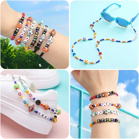 Kit de Fabrication de Bijoux en Perles DIY Thème Sport Perles en Acrylique Alphabet Visage Souriant Avec Cordon Élastique Sifflet Pour Bracelets Colliers Chaîne de Téléphone Artisanat