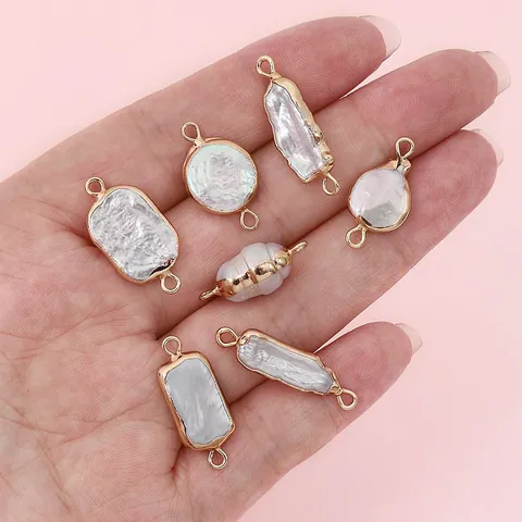 Natural Irregular Baroque Freshwater Pearl Gold Edged Double Loop Connector Charms For DIY Necklace Jewelry Making Accessories