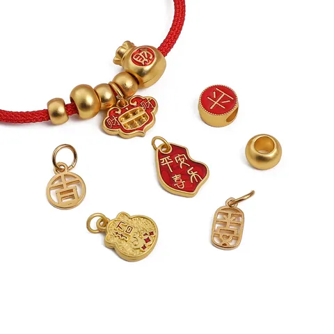 Chinese Style Sand Gold Plated Copper Pendants Traditional Lucky Character Bag Gourd Coin Charms For Handcrafted Jewelry Making DIY