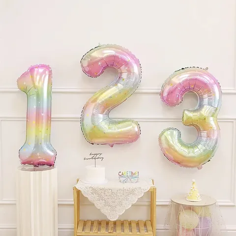 Grands Ballons Chiffres Dégradé Arc-en-Ciel Étoiles en Feuille d'Aluminium pour Décoration de Fête d'Anniversaire Enfants