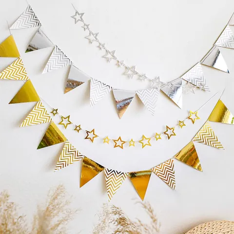 Hollow Star Garland Hot Stamping Triangle Banner Paper Party Decoration For Wedding Birthday Background Wall Hanging Ornaments