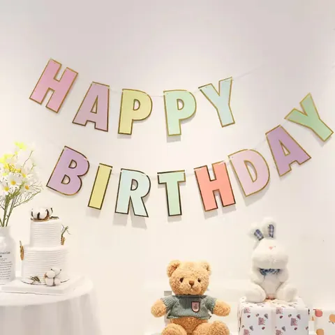Banner Happy Birthday Macaron Estampado En Caliente Borde Dorado Guirnalda De Cartulina Para Decoración De Fiesta De Cumpleaños