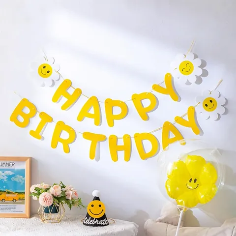 Pancarta Happy Birthday Amarilla Con Cara Sonriente Margarita Guirnalda Colgante Para Decoración De Fiesta De Cumpleaños Niños