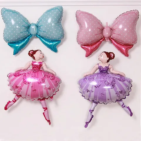 Ballon en Aluminium Fille de Ballet Dessin Animé Grand Nœud à Pois Rose Violet pour Décoration Fête Anniversaire Enfants