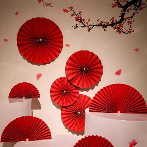 Handmade Chinese Style Paper Fan Flower Decoration With Faux Artificial Pearl For Wedding Party Home Festive Backdrop Hanging Decor
