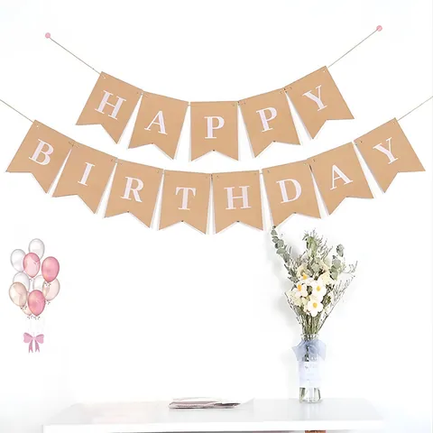 Kraft Paper Happy Birthday Banner Swallowtail Fishtail Letter Flag For Party Decoration Background Pull Flower Vintage Style