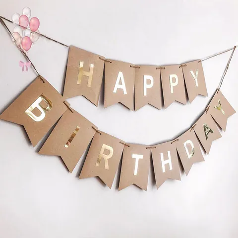 Kraft Paper Happy Birthday Banner Swallowtail Fishtail Letter Flag For Party Decoration Background Pull Flower Vintage Style