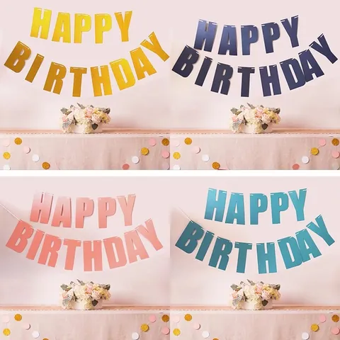 Pancarta con Letras de Happy Birthday Láser Oro Plata Purpurina Papel Guirnalda Para Decoración Fiesta de Cumpleaños Adornos Colgantes