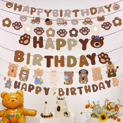 Vintage Cartoon Beer Happy Birthday Banner Papier Berpoot Bloem Slingers Voor Kinderen Baby Verjaardag Feest Decoraties