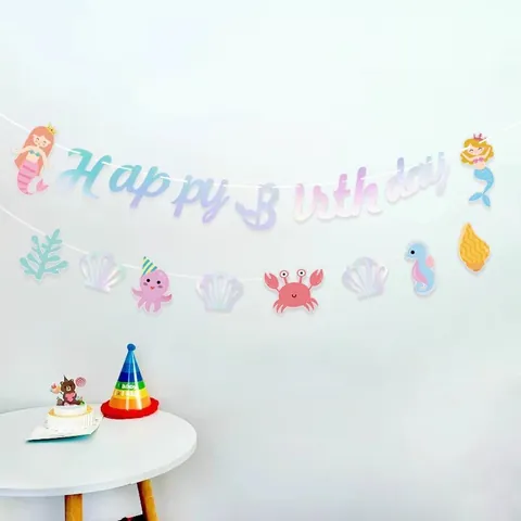 Iridescent Mermaid Happy Birthday Banner Garland Ocean Theme Party Decorations Shell Seahorse Hanging Ornament For Kids Girl Birthday Supplies