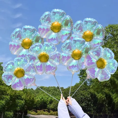 Ballons en Aluminium Marguerite Holographique Décoration en Forme de Fleur Irisée Avec Tige Transparente et Base pour Anniversaire Mariage Fête École Salle de Classe Décor Enfants