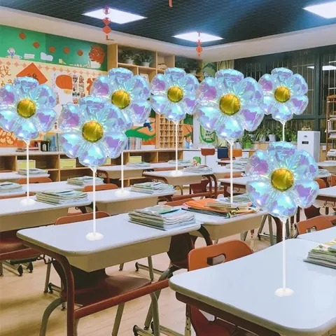 Ballons en Aluminium Marguerite Holographique Décoration en Forme de Fleur Irisée Avec Tige Transparente et Base pour Anniversaire Mariage Fête École Salle de Classe Décor Enfants