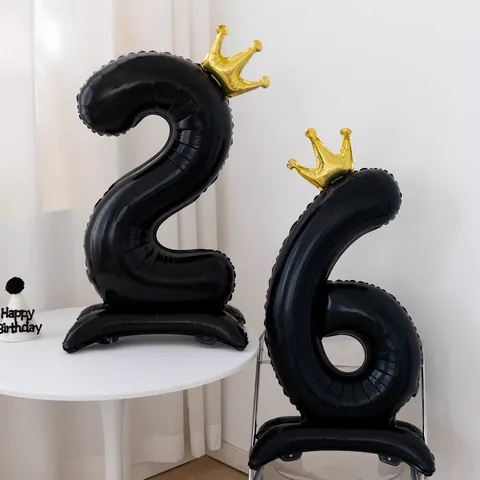 Large Standing Black Number Foil Balloon With Gold Crown Base For Birthday Party Decoration Anniversary Celebration Ornament
