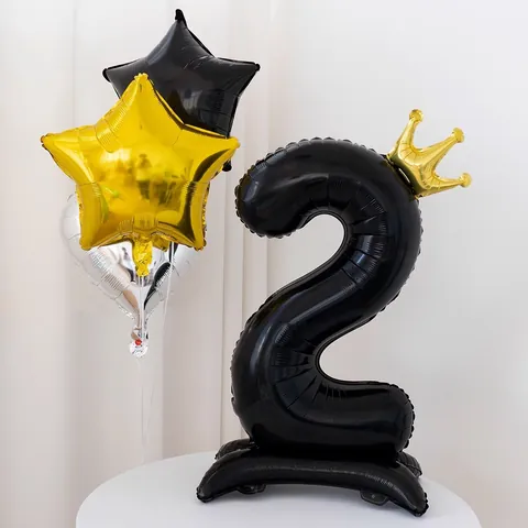 Large Standing Black Number Foil Balloon With Gold Crown Base For Birthday Party Decoration Anniversary Celebration Ornament