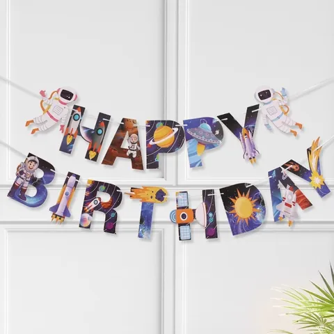 Outer Space Astronaut Happy Birthday Banner Paper Garland For Boys Birthday Party Decorations Hanging Bunting Rocket Planet Decor