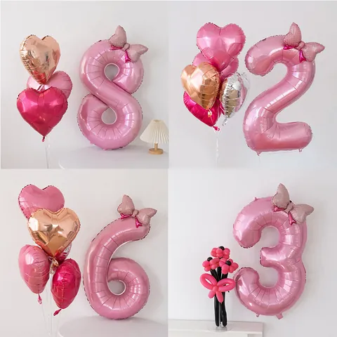 Globo de Papel de Aluminio con Número Rosa de 32 Pulgadas con Lazo de Lunares para Decoración de Fiesta de Cumpleaños de Niños Accesorios de Fotos Número 0-9