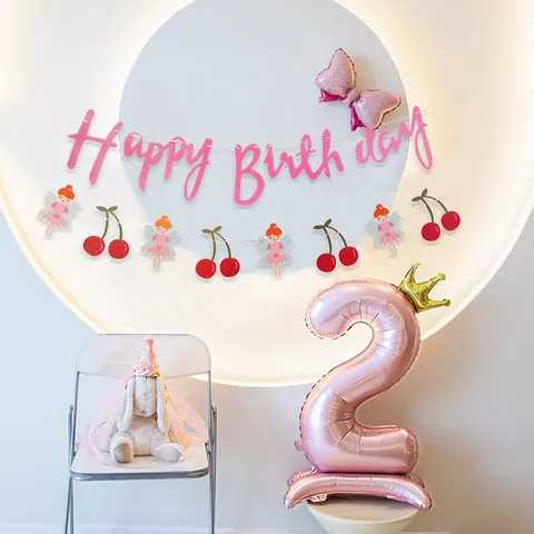 Cartoon Flower Fairy Princess Bee Daisy Cherry Happy Birthday Paper Banner Garland Set Kids Birthday Party Decoration