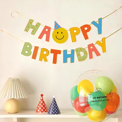 Bannière Joyeux Anniversaire en Papier Coloré Avec Visage Souriant Décoration de Fête d'Anniversaire pour Enfants Accessoires de Photo