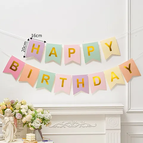 Macaron Gold Stamped Happy Birthday Paper Banner Fish Tail Bunting And Colorful Tassels For Birthday Party Decoration