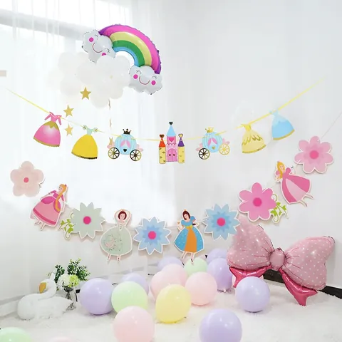 Prinses Thema Verjaardagsfeest Slinger Banner Papier Kasteel Koets Jurk Bloem Fee Decoratie Voor Meisjes Feest Achtergrond