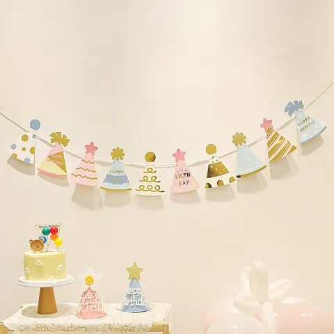 Stile Ins Banner Cappello di Compleanno Bronzatura Carta Ghirlanda Macaron Pois Stelle Pavese Per Decorazione Festa Bambini