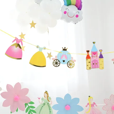 Prinses Thema Verjaardagsfeest Slinger Banner Papier Kasteel Koets Jurk Bloem Fee Decoratie Voor Meisjes Feest Achtergrond