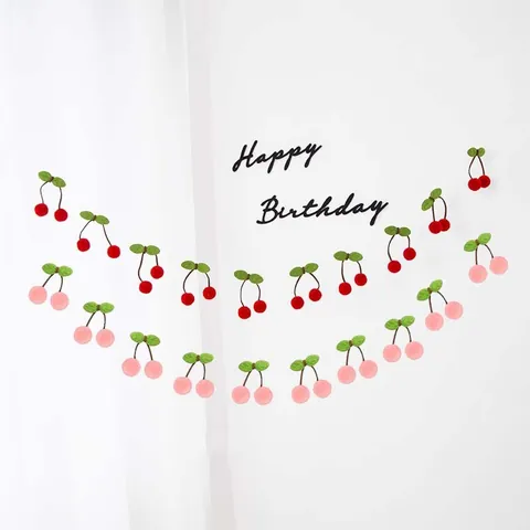 Guirnalda de Cerezas Pompones Pancarta Colgante de Fieltro Estilo Coreano para Cumpleaños Día de San Valentín Decoración